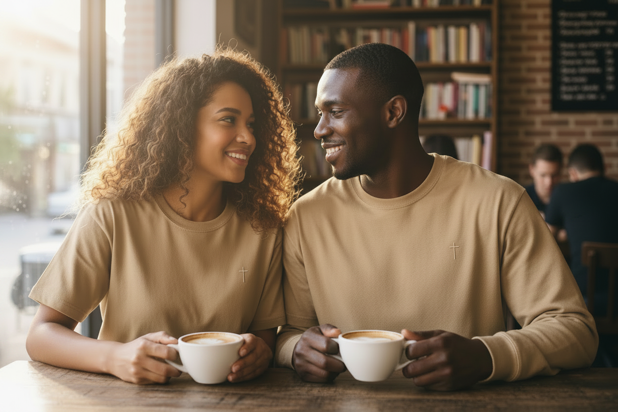 Couple with coffee mugs zoomed out