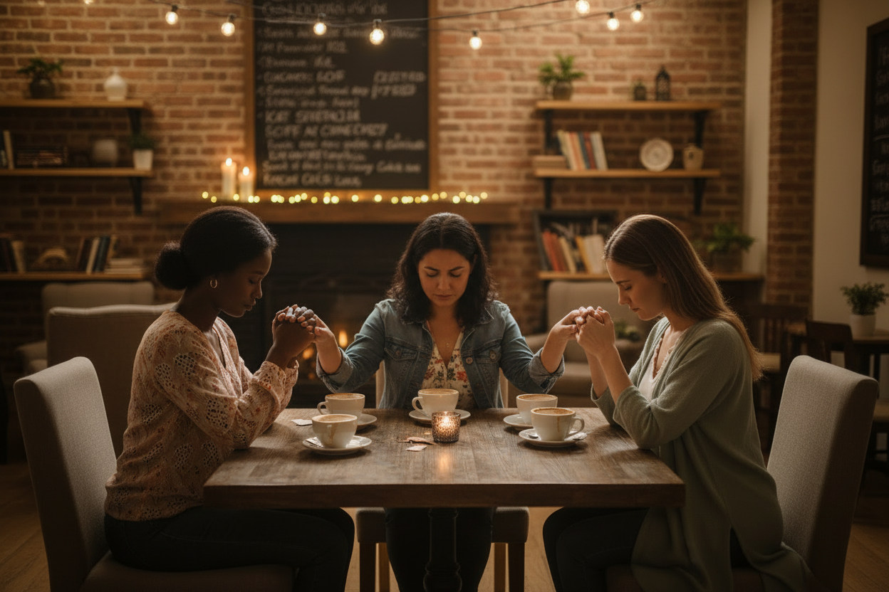 Four Friends Praying at a Coffee Shop